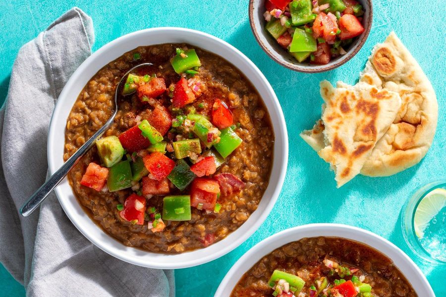 Ethiopian Red Lentil Stew with Berbere, Tomato Salad, and Toasted Naan |  Sunbasket